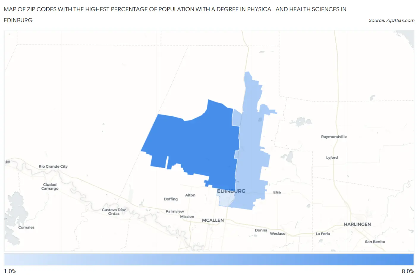 Zip Codes with the Highest Percentage of Population with a Degree in Physical and Health Sciences in Edinburg Map
