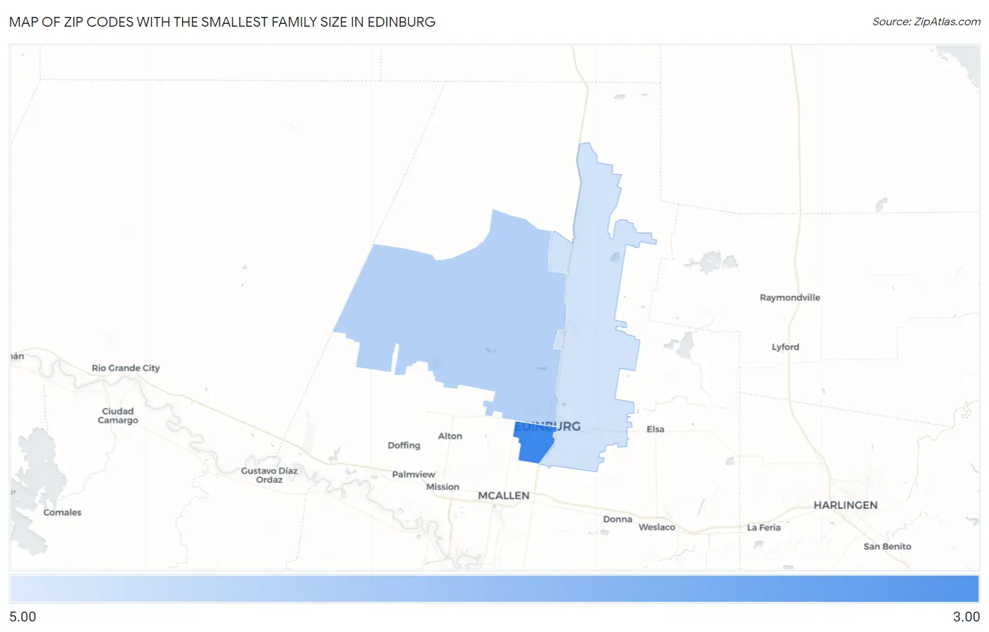Zip Codes with the Smallest Family Size in Edinburg Map