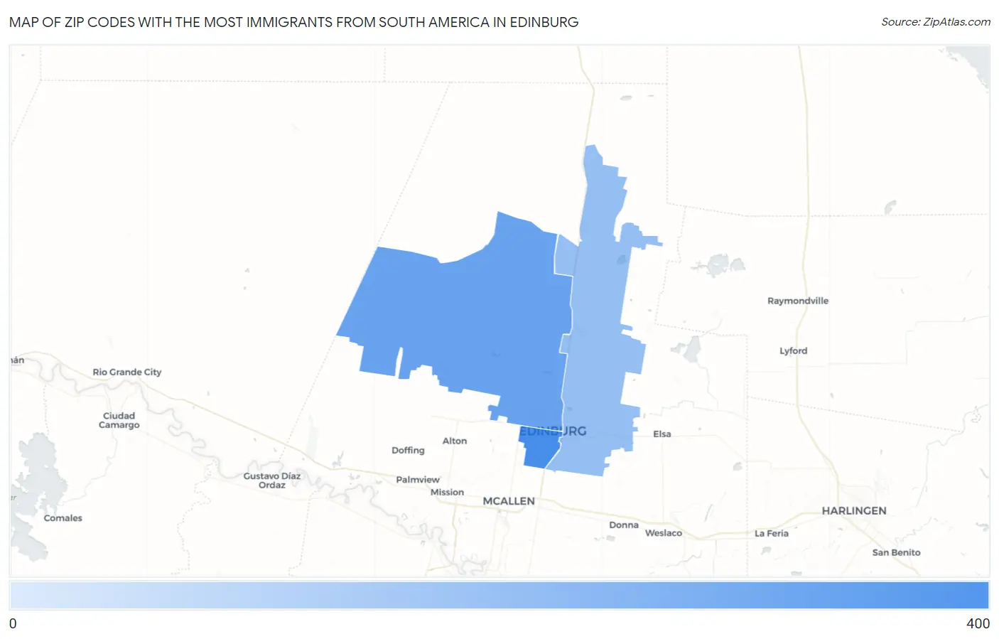 Zip Codes with the Most Immigrants from South America in Edinburg Map