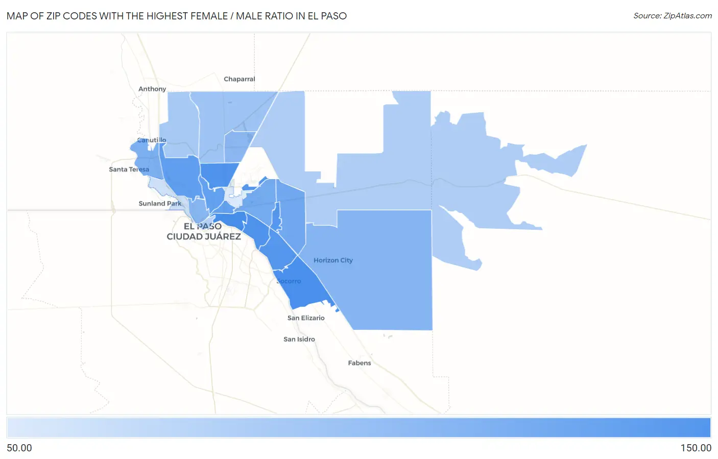 Zip Codes with the Highest Female / Male Ratio in El Paso Map