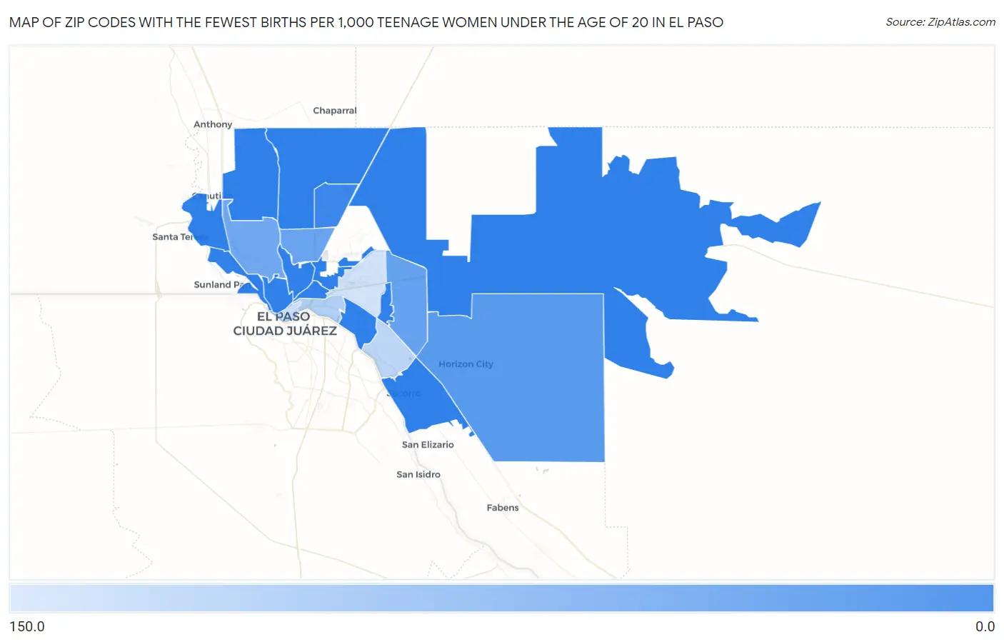 Zip Codes with the Fewest Births per 1,000 Teenage Women Under the Age of 20 in El Paso Map