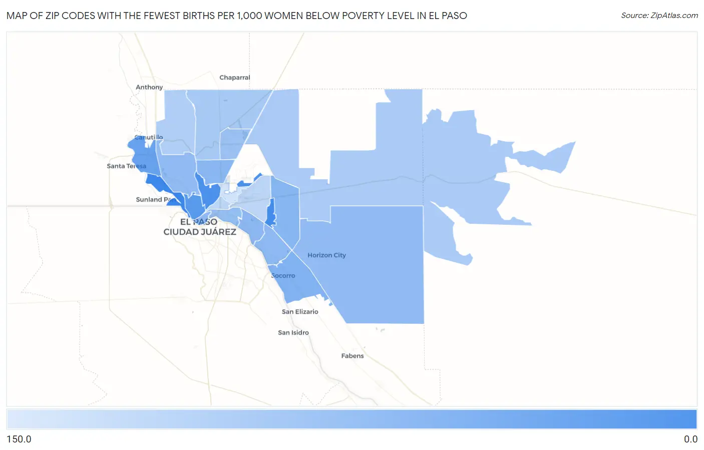 Zip Codes with the Fewest Births per 1,000 Women Below Poverty Level in El Paso Map