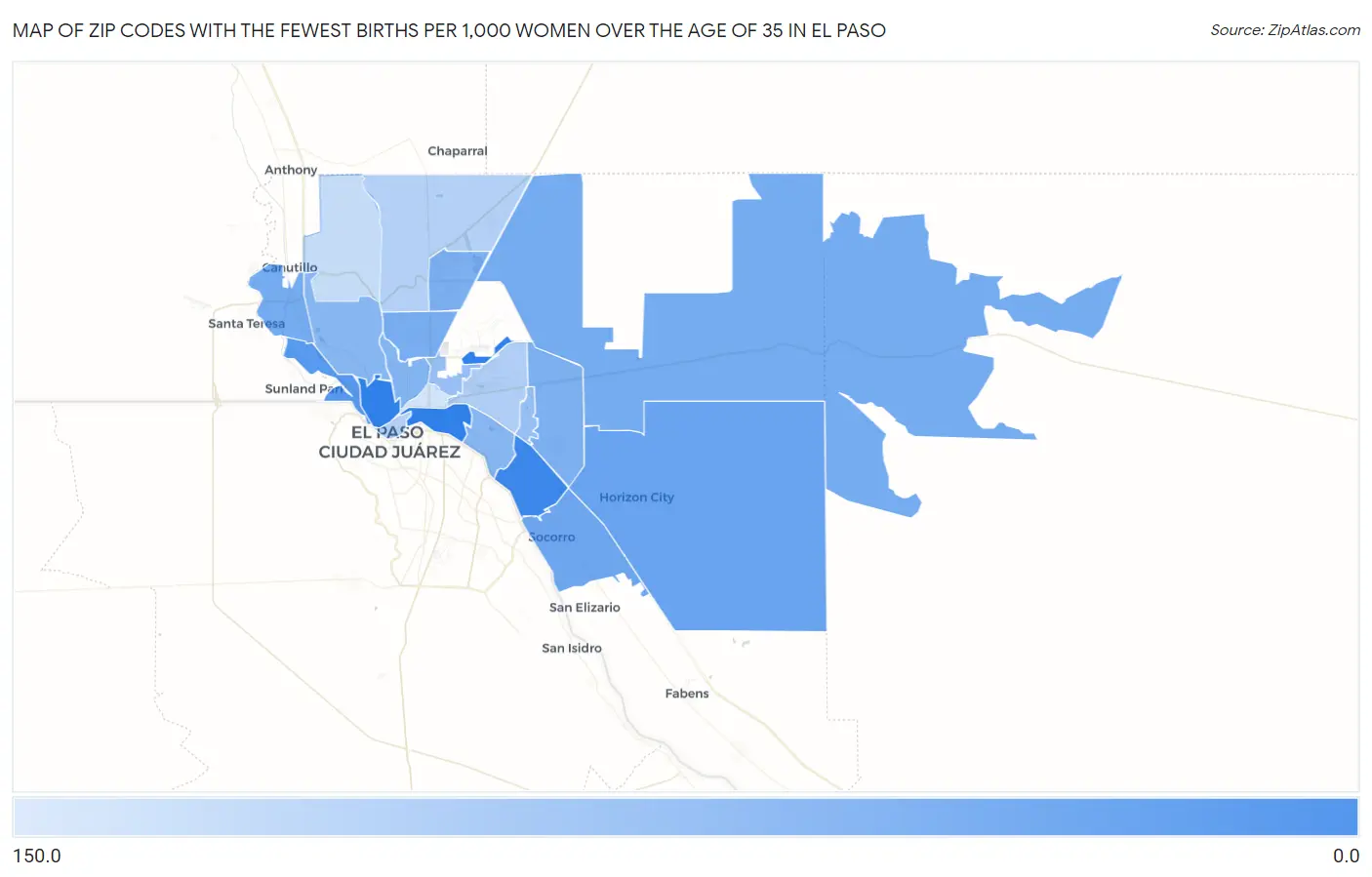 Zip Codes with the Fewest Births per 1,000 Women Over the Age of 35 in El Paso Map