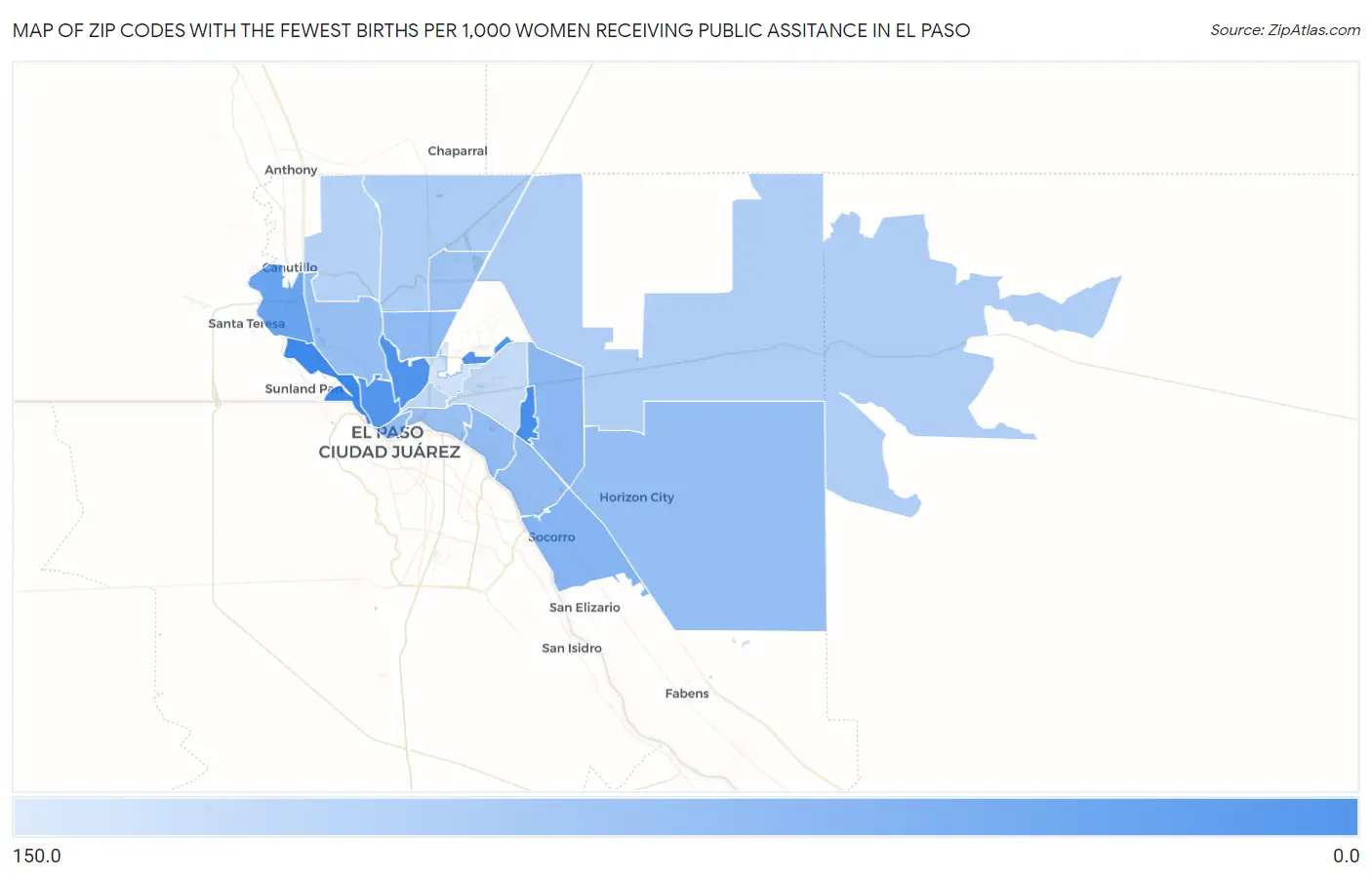 Zip Codes with the Fewest Births per 1,000 Women Receiving Public Assitance in El Paso Map
