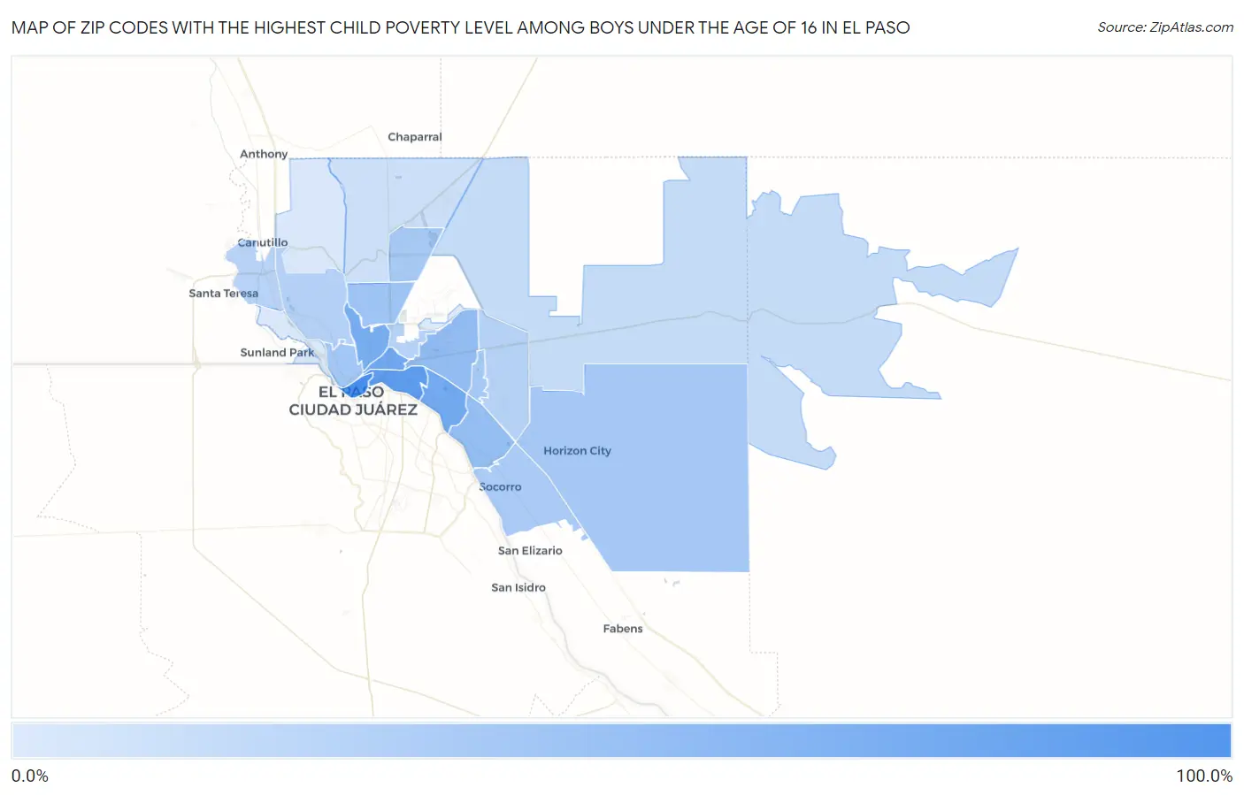 Zip Codes with the Highest Child Poverty Level Among Boys Under the Age of 16 in El Paso Map