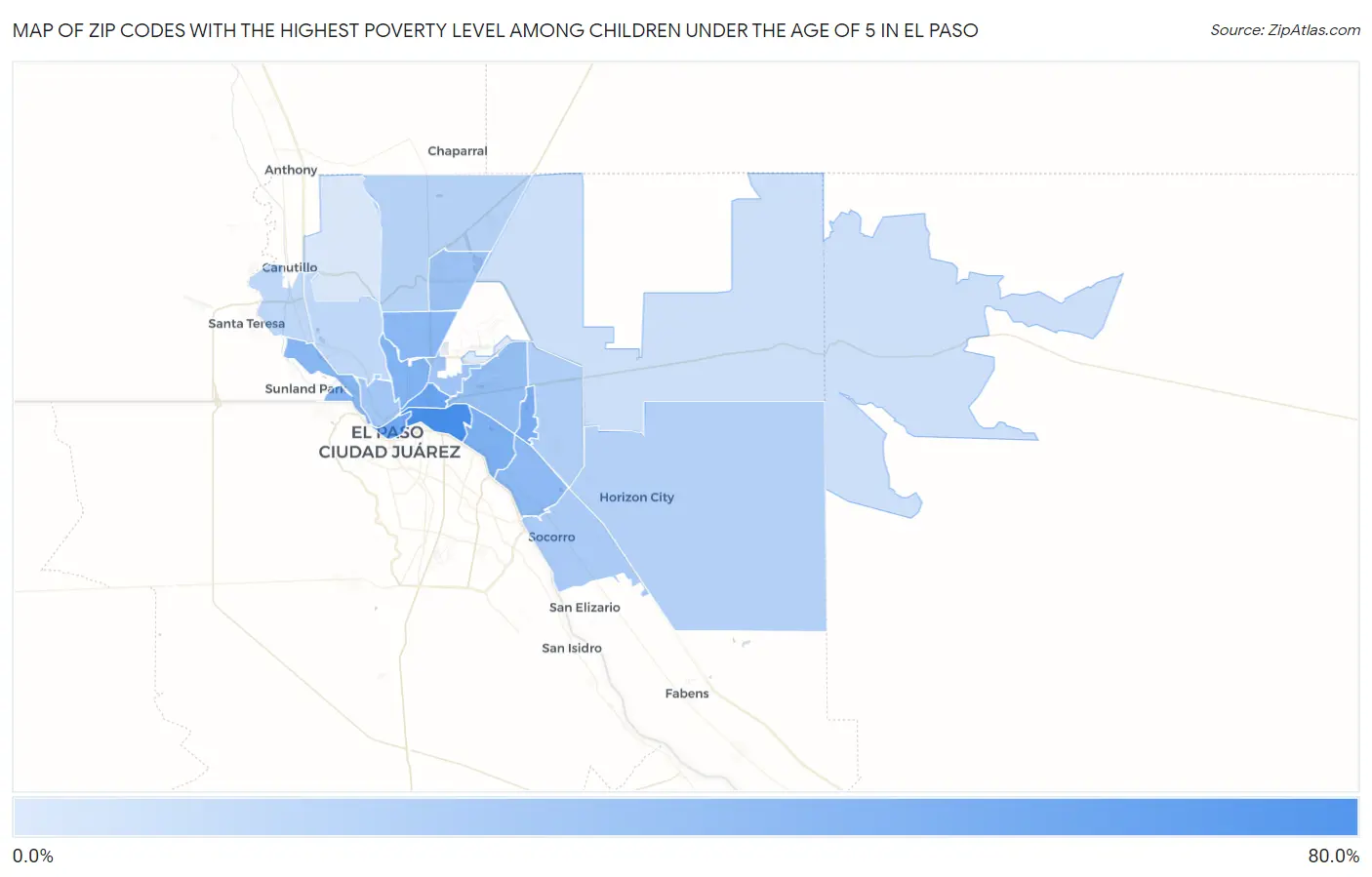 Zip Codes with the Highest Poverty Level Among Children Under the Age of 5 in El Paso Map