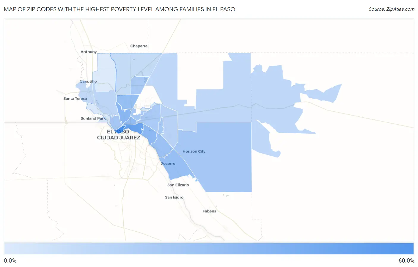 Zip Codes with the Highest Poverty Level Among Families in El Paso Map