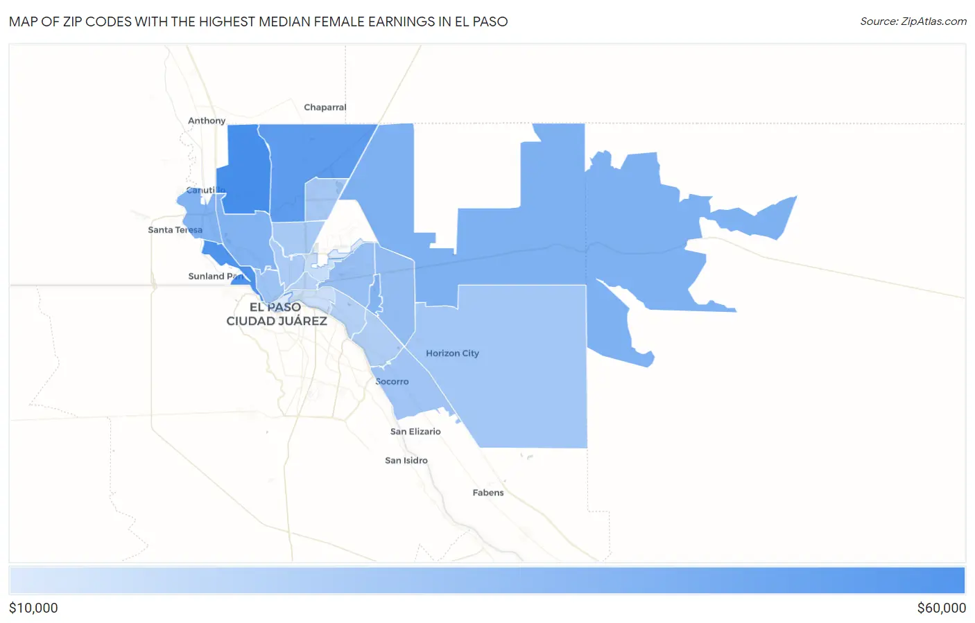 Zip Codes with the Highest Median Female Earnings in El Paso Map