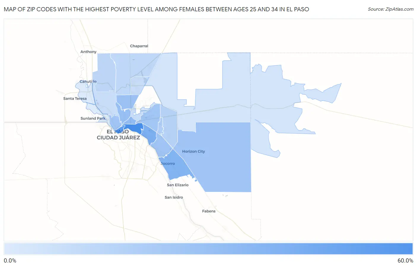 Zip Codes with the Highest Poverty Level Among Females Between Ages 25 and 34 in El Paso Map