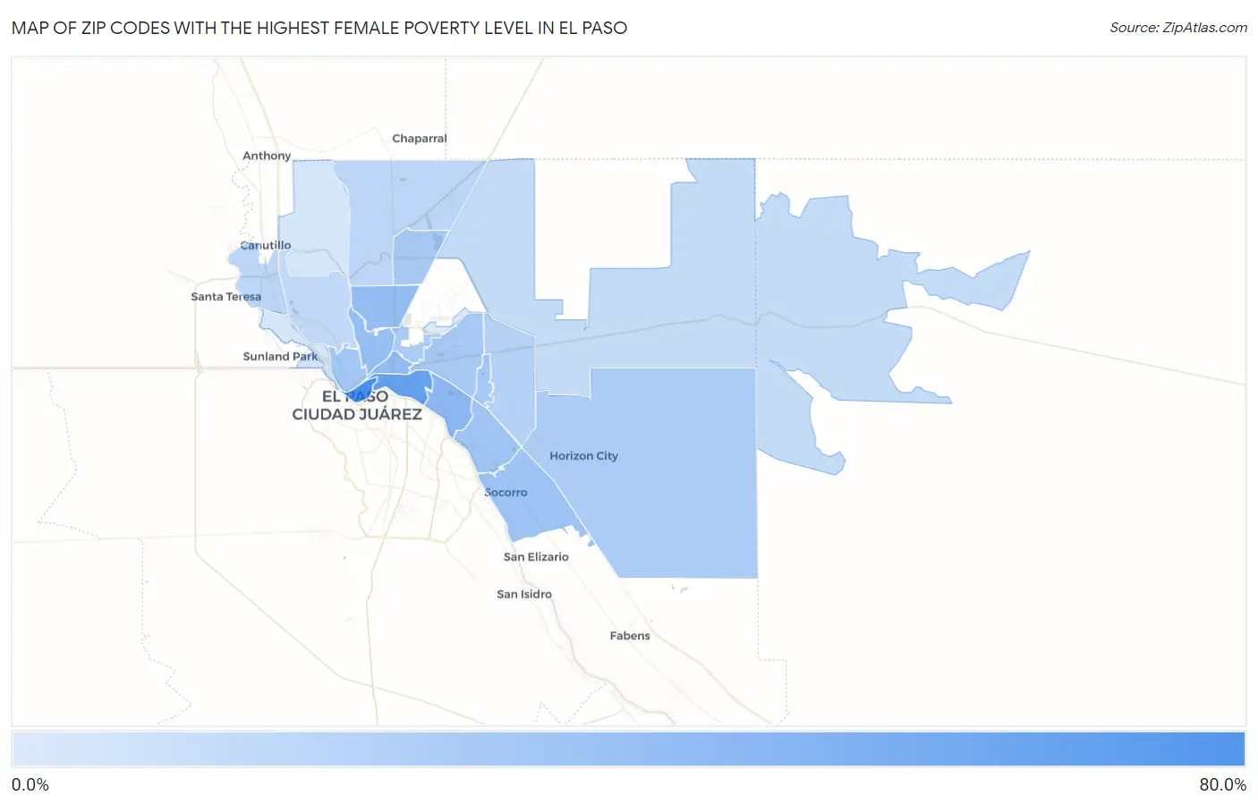 Zip Codes with the Highest Female Poverty Level in El Paso Map