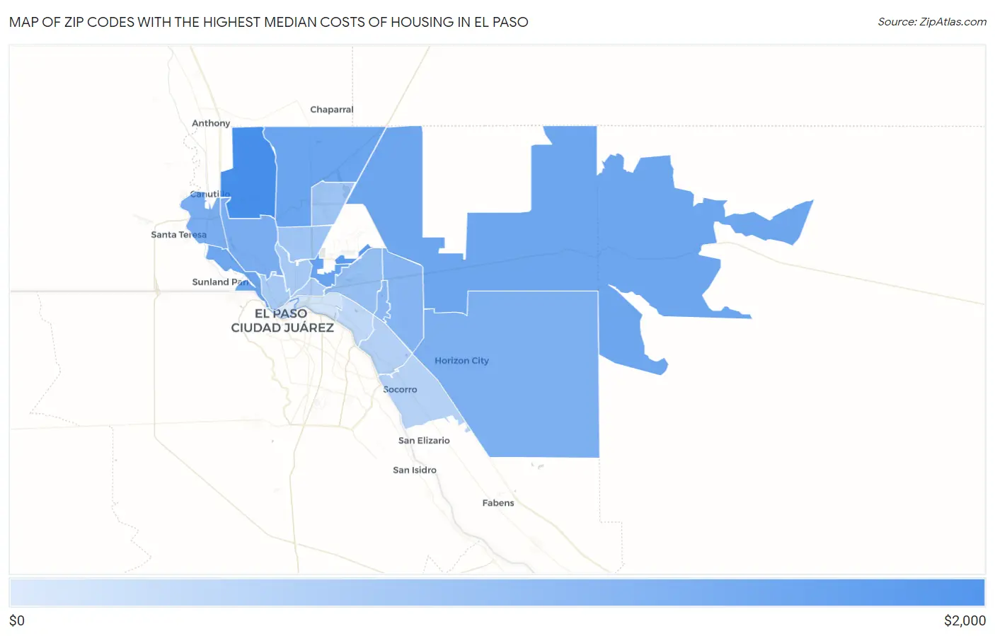 Zip Codes with the Highest Median Costs of Housing in El Paso Map
