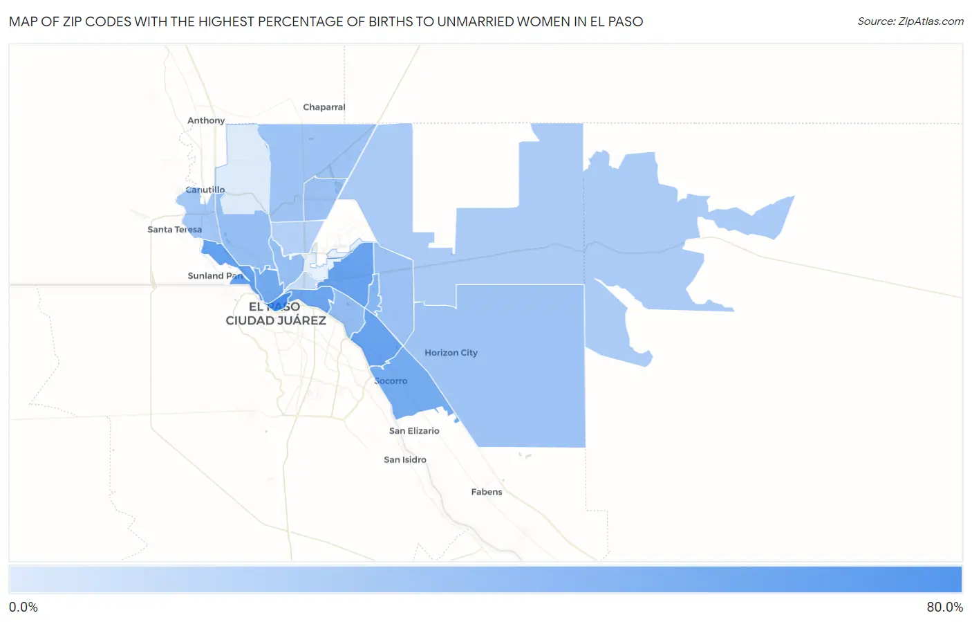 Zip Codes with the Highest Percentage of Births to Unmarried Women in El Paso Map