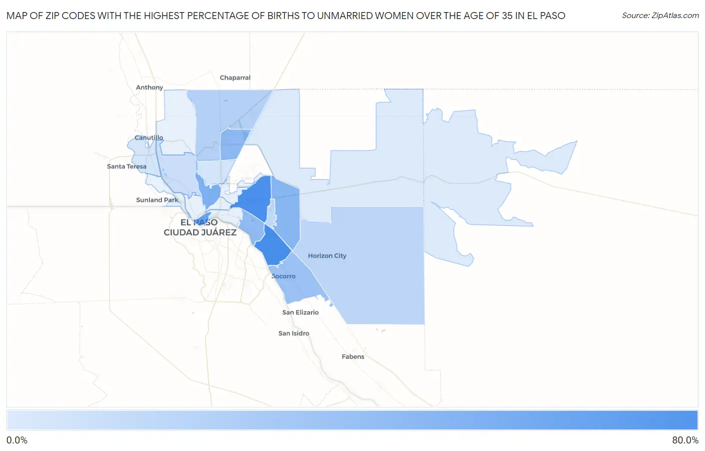 Zip Codes with the Highest Percentage of Births to Unmarried Women over the Age of 35 in El Paso Map