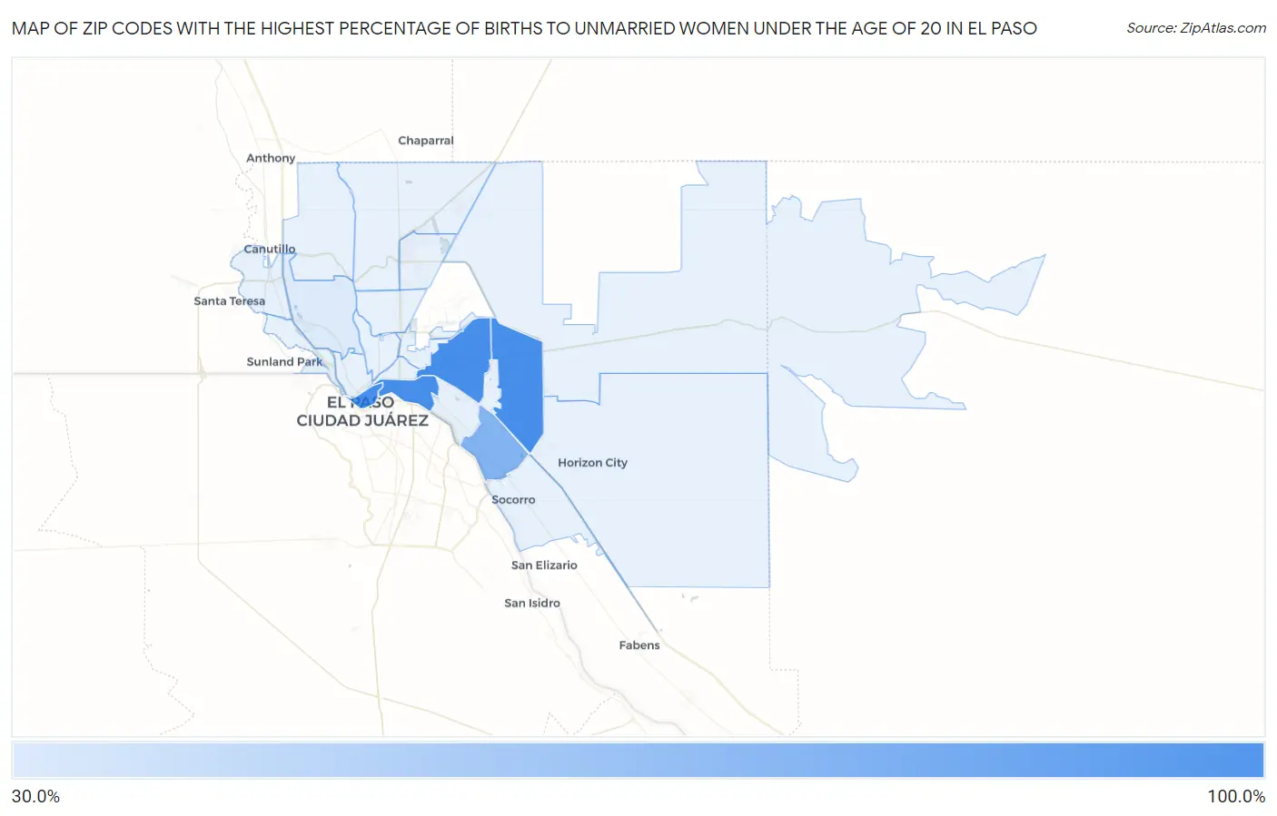 Zip Codes with the Highest Percentage of Births to Unmarried Women under the Age of 20 in El Paso Map