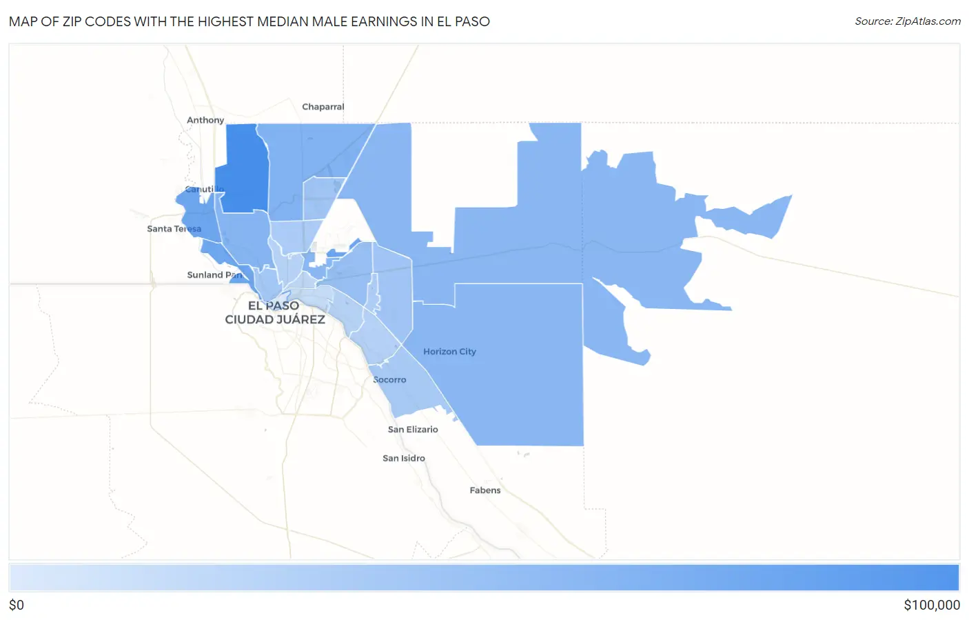 Zip Codes with the Highest Median Male Earnings in El Paso Map