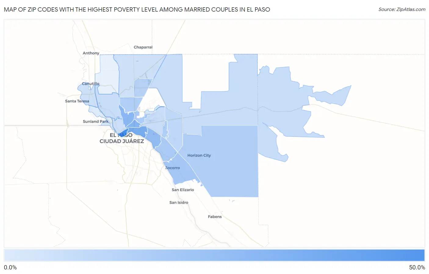 Zip Codes with the Highest Poverty Level Among Married Couples in El Paso Map
