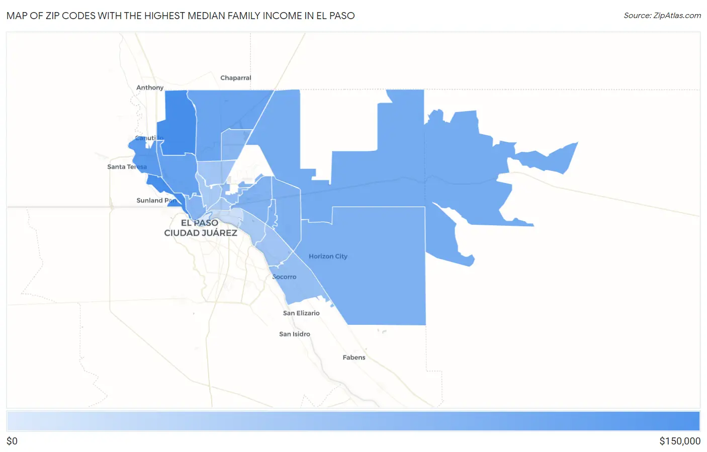 Zip Codes with the Highest Median Family Income in El Paso Map
