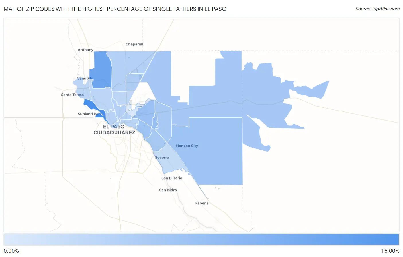 Zip Codes with the Highest Percentage of Single Fathers in El Paso Map