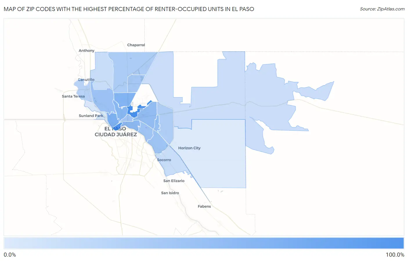 Zip Codes with the Highest Percentage of Renter-Occupied Units in El Paso Map