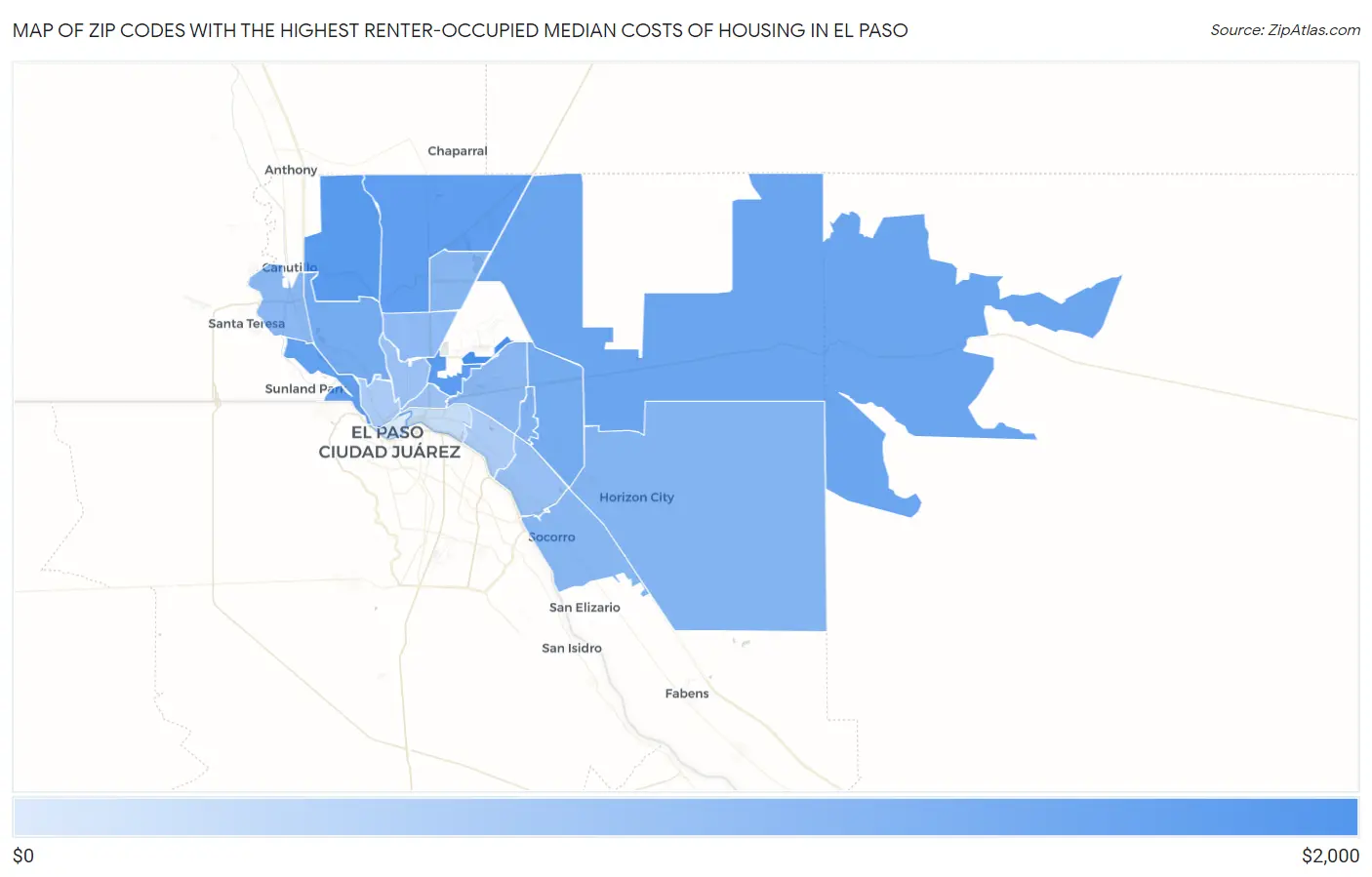 Zip Codes with the Highest Renter-Occupied Median Costs of Housing in El Paso Map