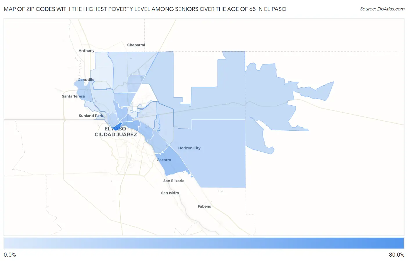 Zip Codes with the Highest Poverty Level Among Seniors Over the Age of 65 in El Paso Map