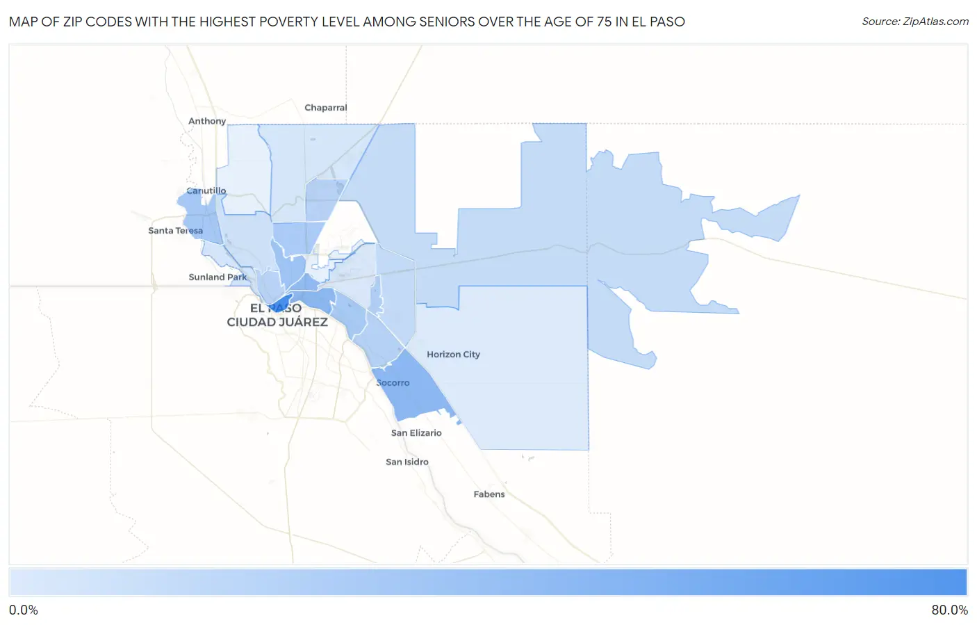 Zip Codes with the Highest Poverty Level Among Seniors Over the Age of 75 in El Paso Map