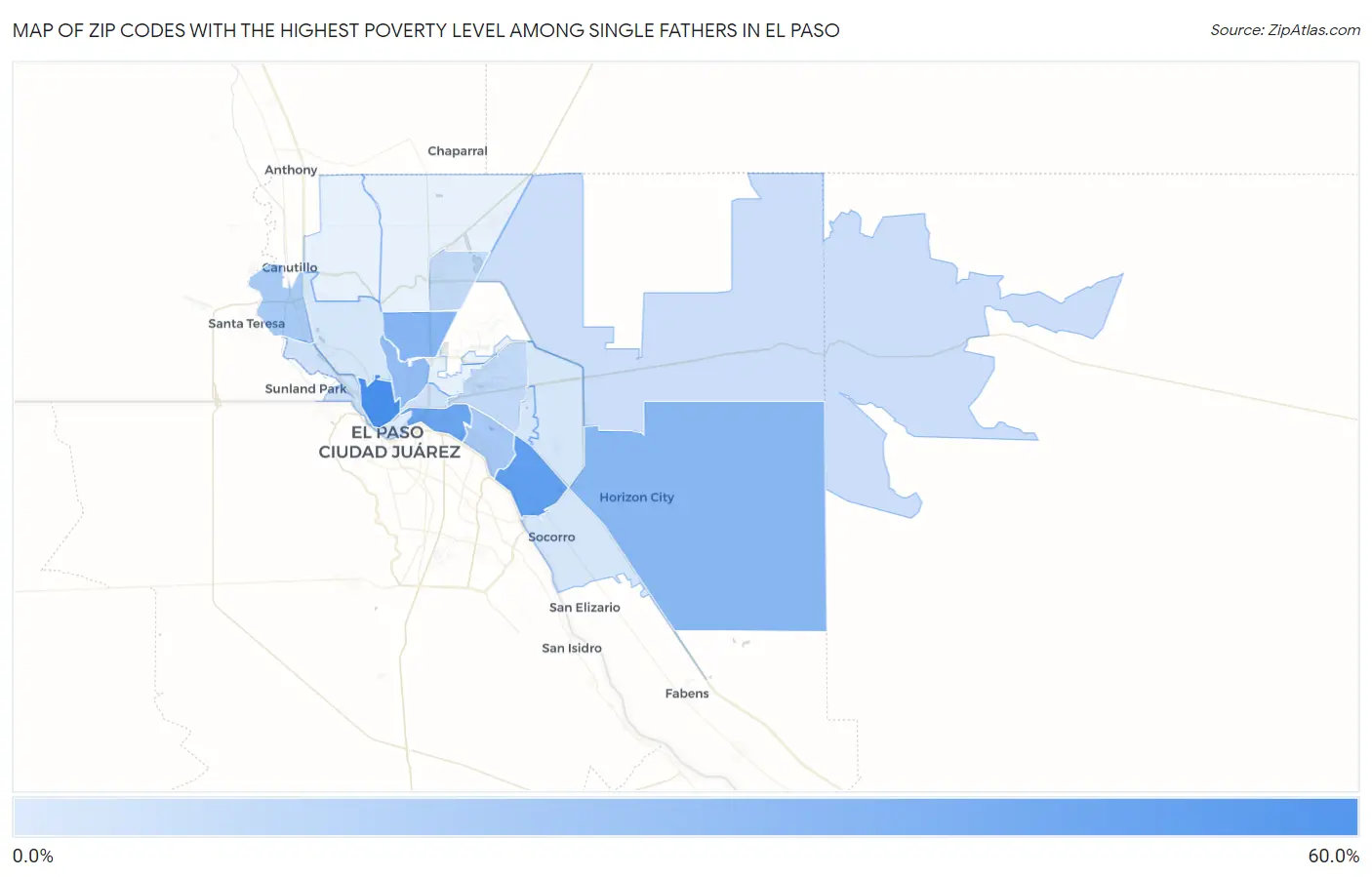 Zip Codes with the Highest Poverty Level Among Single Fathers in El Paso Map