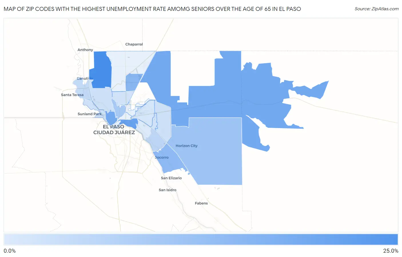 Zip Codes with the Highest Unemployment Rate Amomg Seniors Over the Age of 65 in El Paso Map