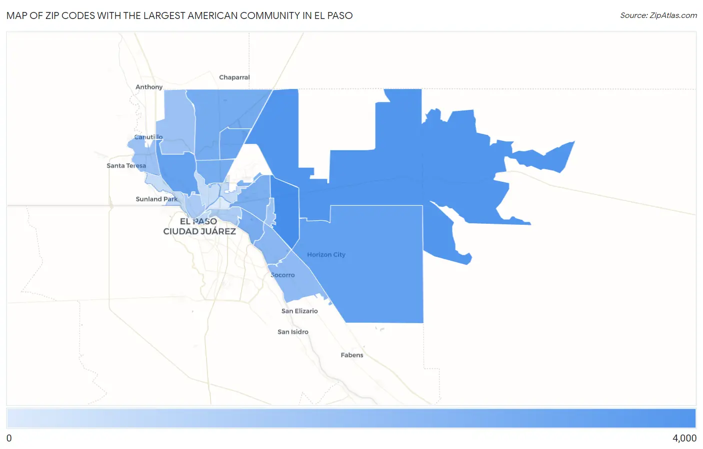 Zip Codes with the Largest American Community in El Paso Map