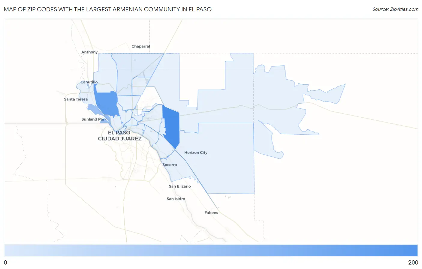Zip Codes with the Largest Armenian Community in El Paso Map