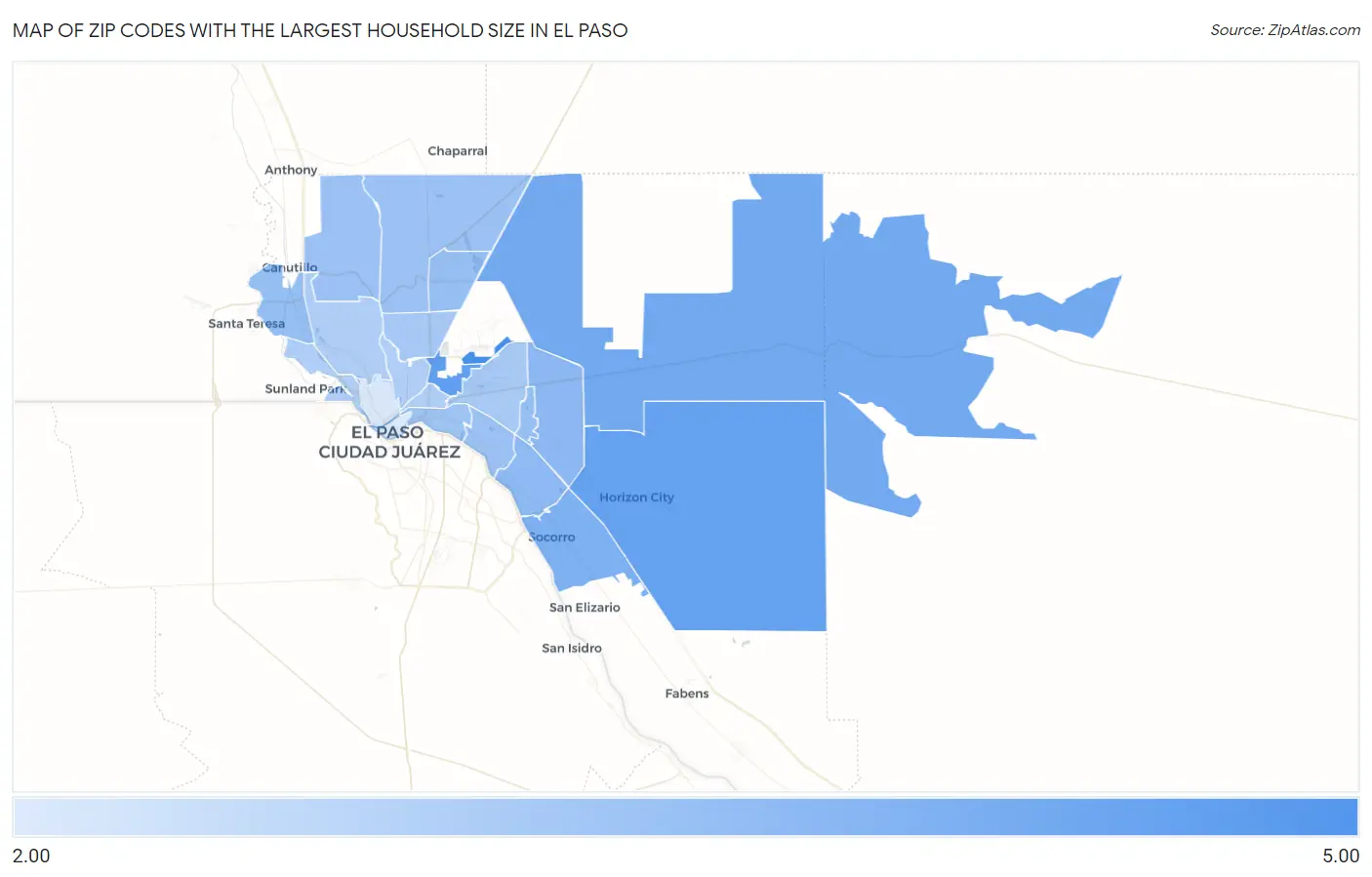 Zip Codes with the Largest Household Size in El Paso Map