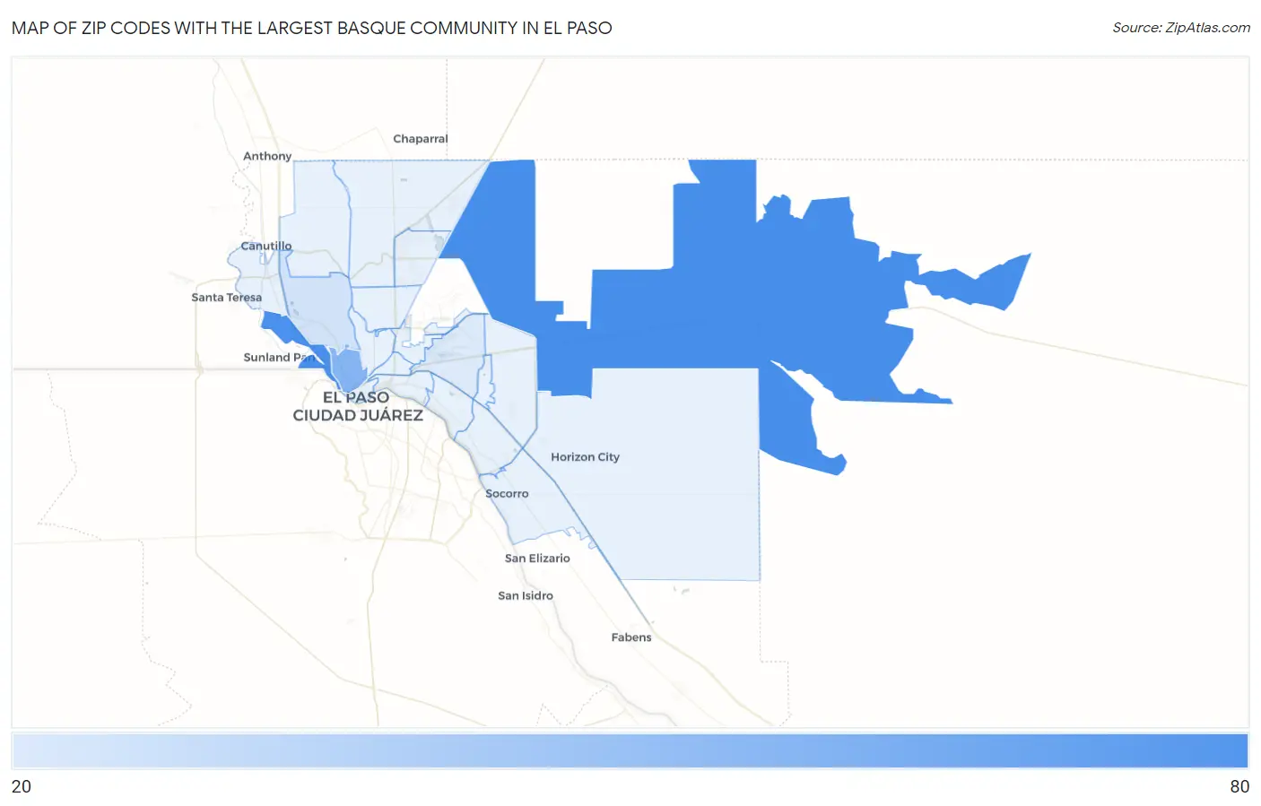 Zip Codes with the Largest Basque Community in El Paso Map