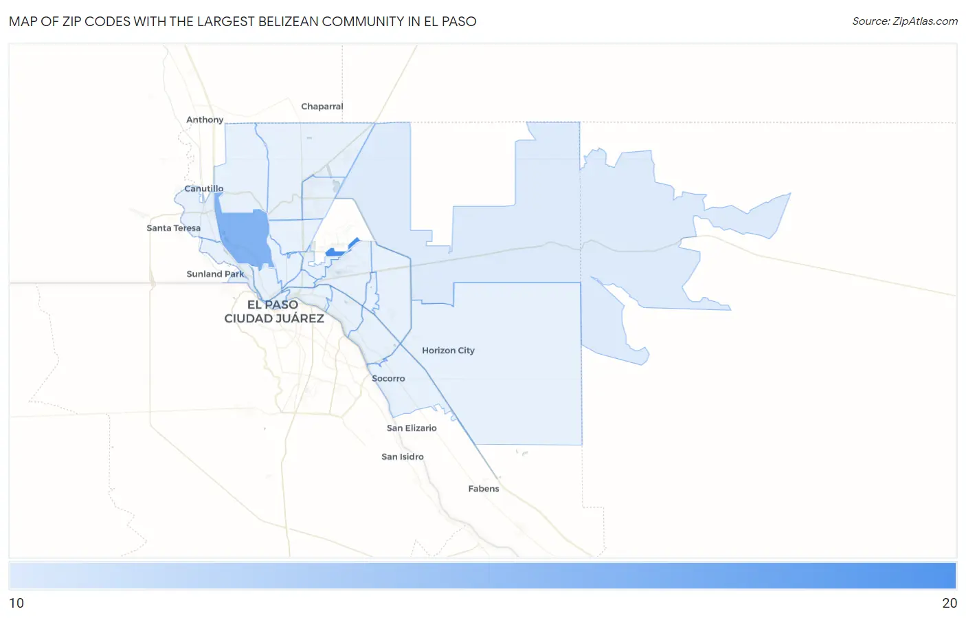 Zip Codes with the Largest Belizean Community in El Paso Map