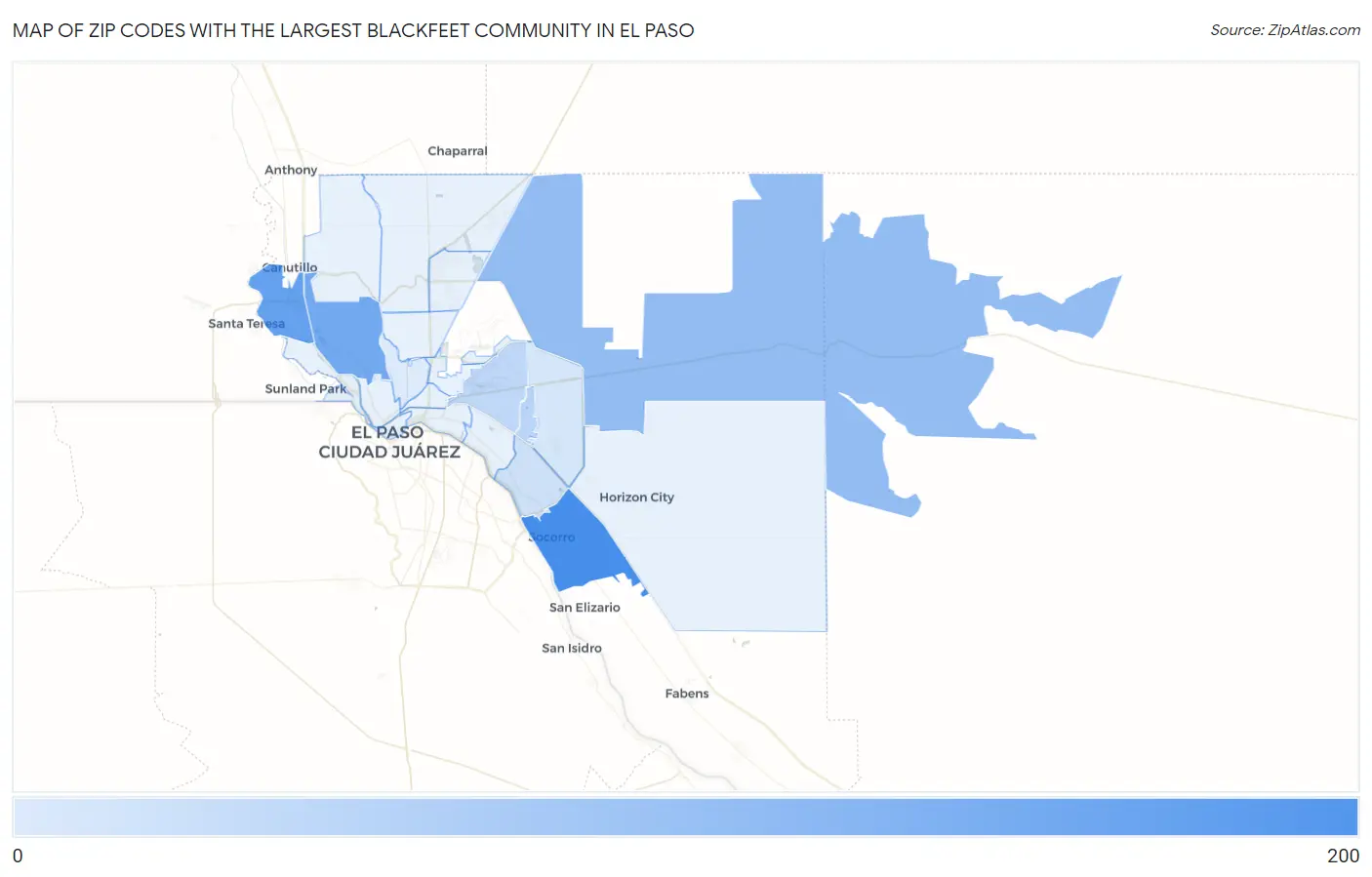 Zip Codes with the Largest Blackfeet Community in El Paso Map