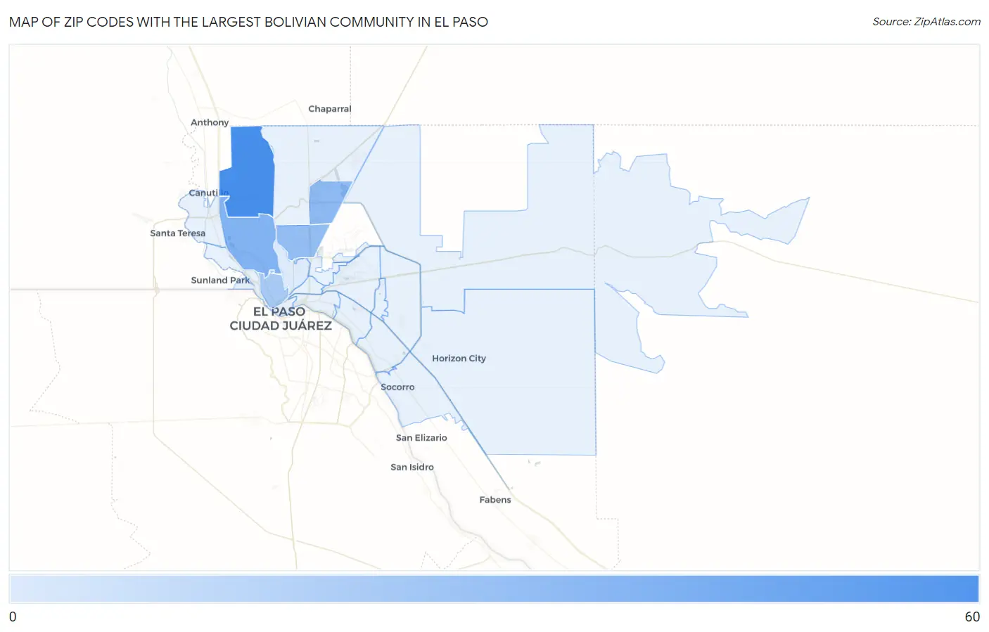 Zip Codes with the Largest Bolivian Community in El Paso Map