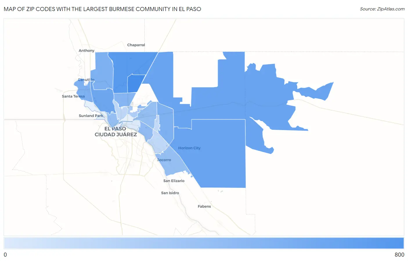 Zip Codes with the Largest Burmese Community in El Paso Map