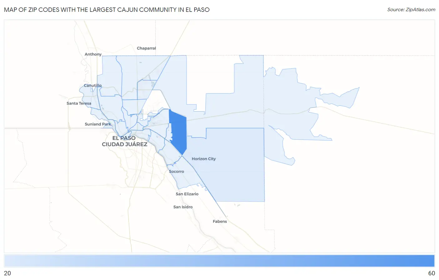Zip Codes with the Largest Cajun Community in El Paso Map