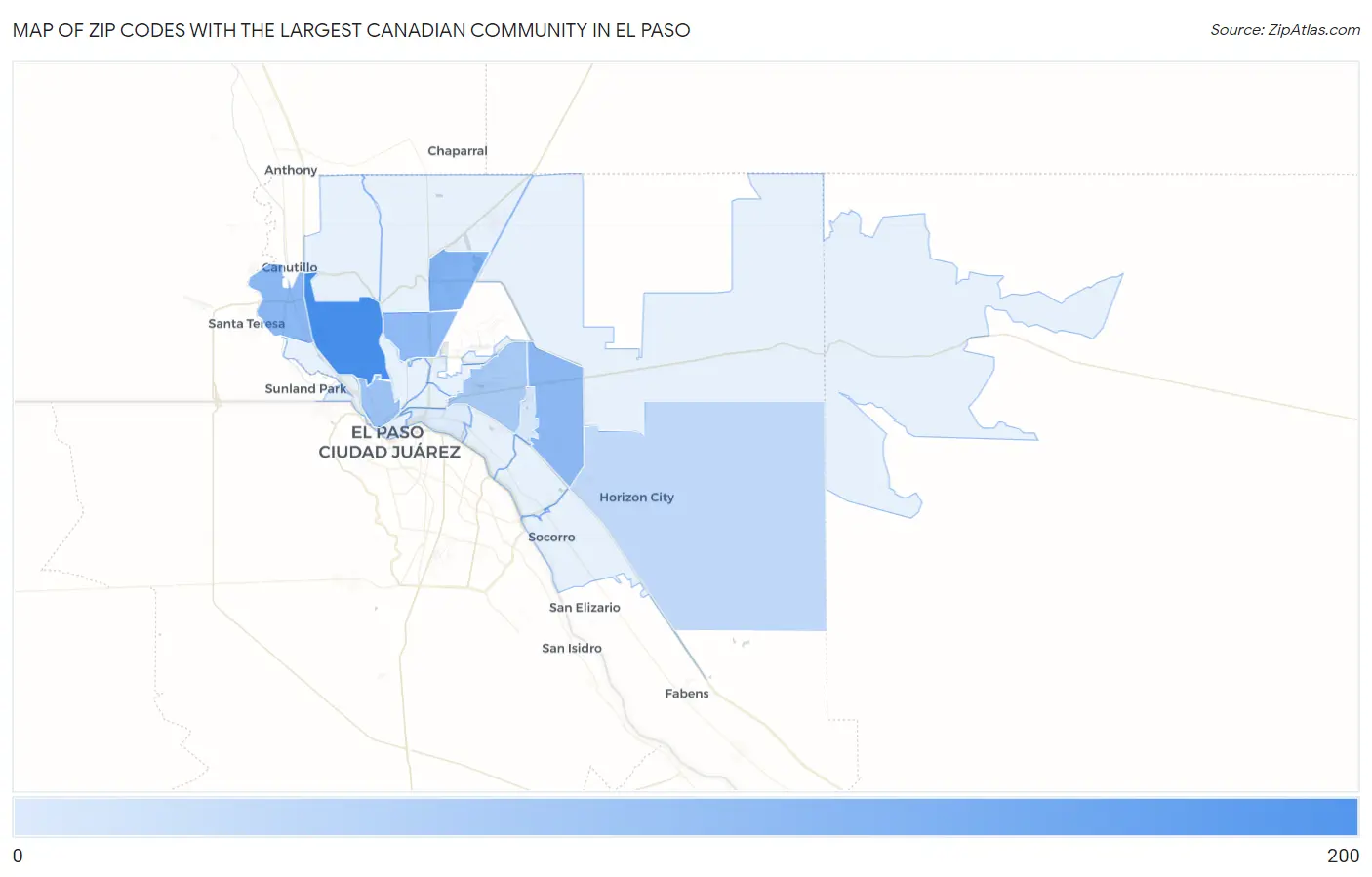 Zip Codes with the Largest Canadian Community in El Paso Map