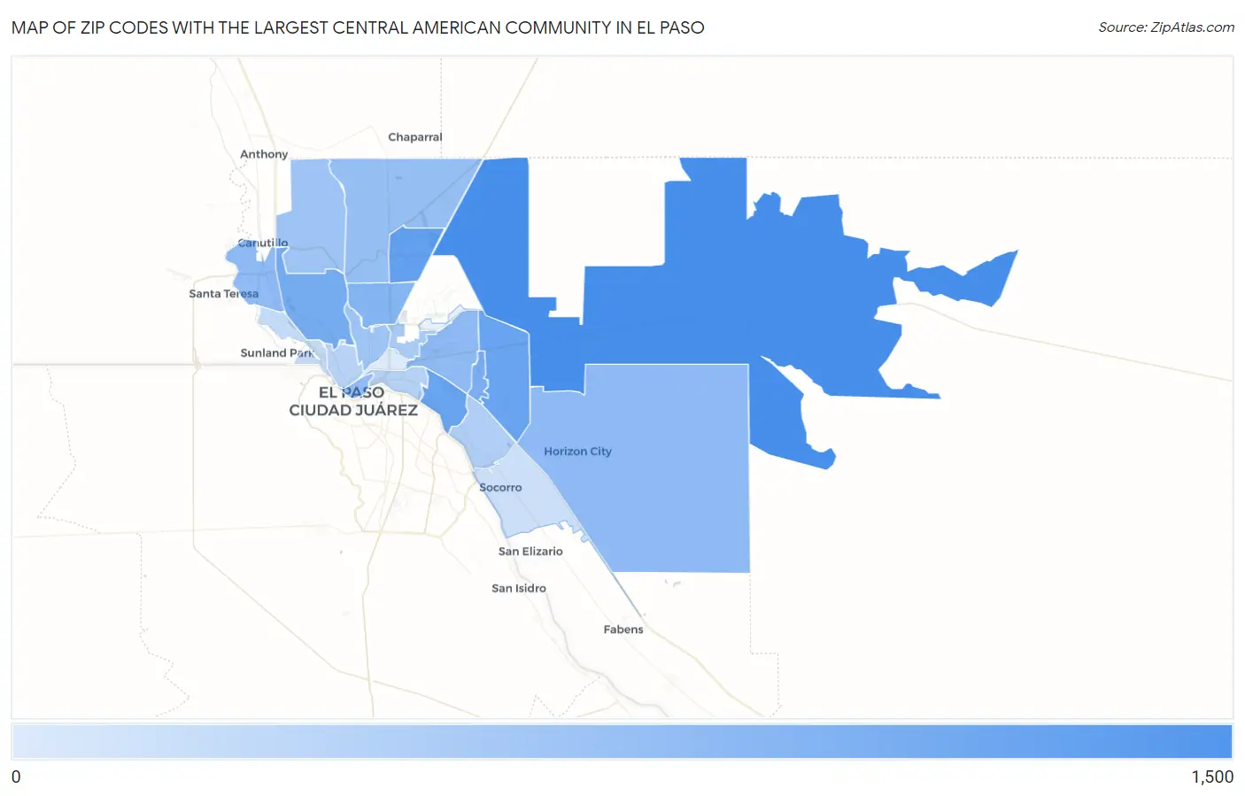 Zip Codes with the Largest Central American Community in El Paso Map