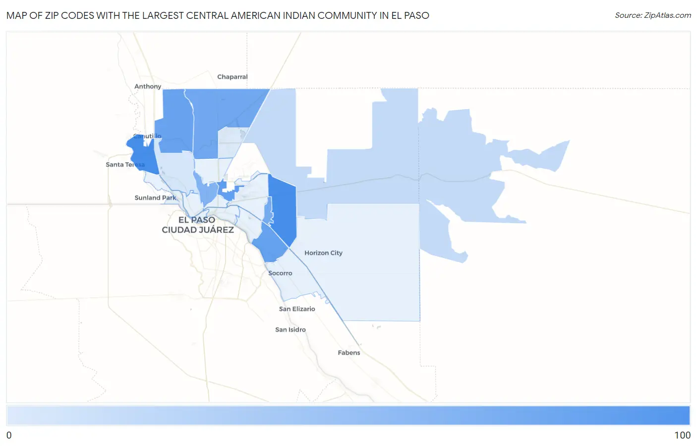 Zip Codes with the Largest Central American Indian Community in El Paso Map