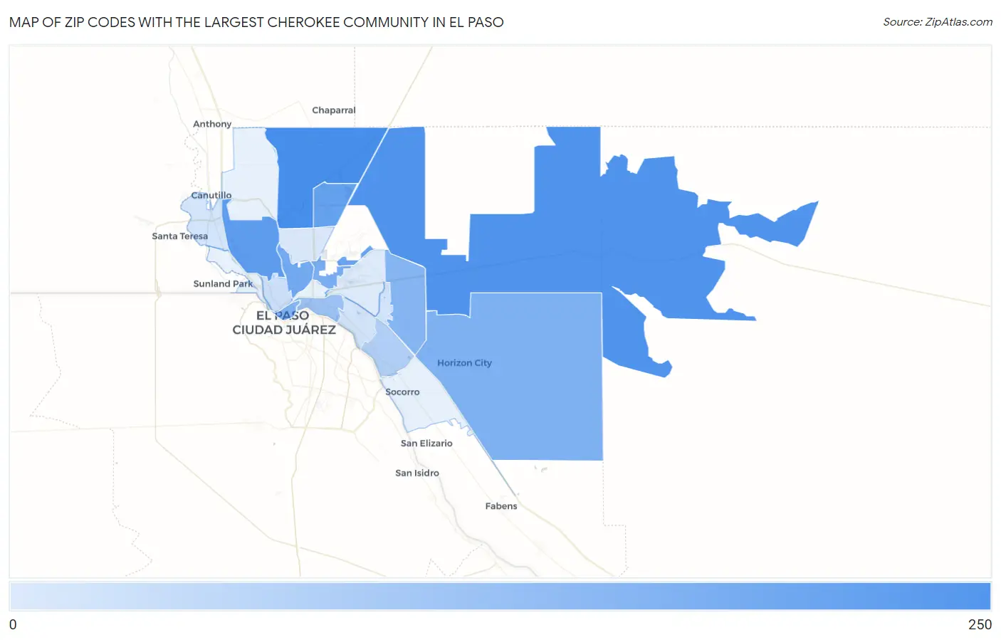 Zip Codes with the Largest Cherokee Community in El Paso Map