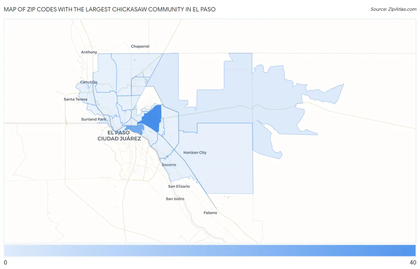 Zip Codes with the Largest Chickasaw Community in El Paso Map