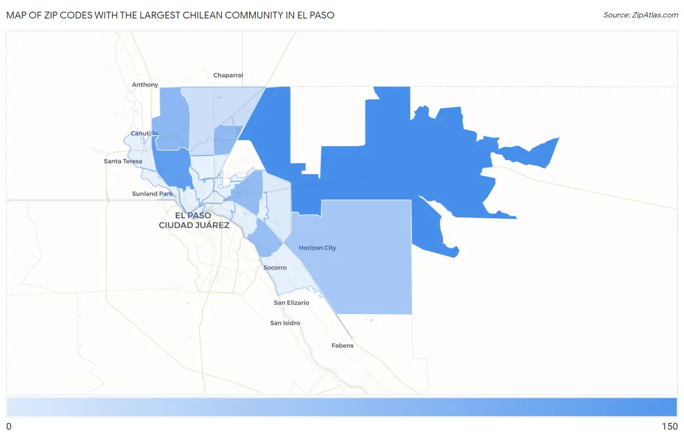 Zip Codes with the Largest Chilean Community in El Paso Map