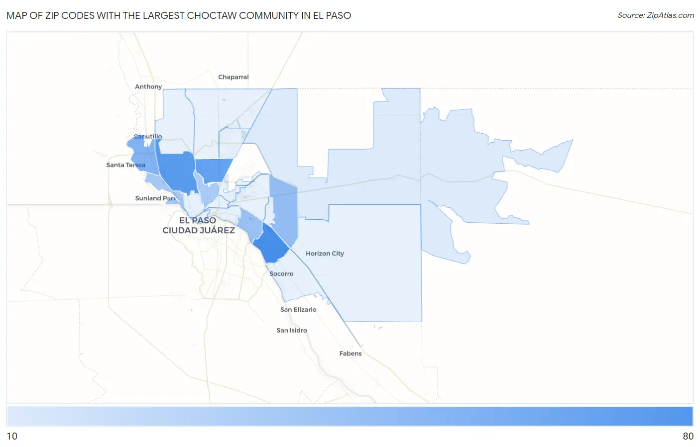 Zip Codes with the Largest Choctaw Community in El Paso Map