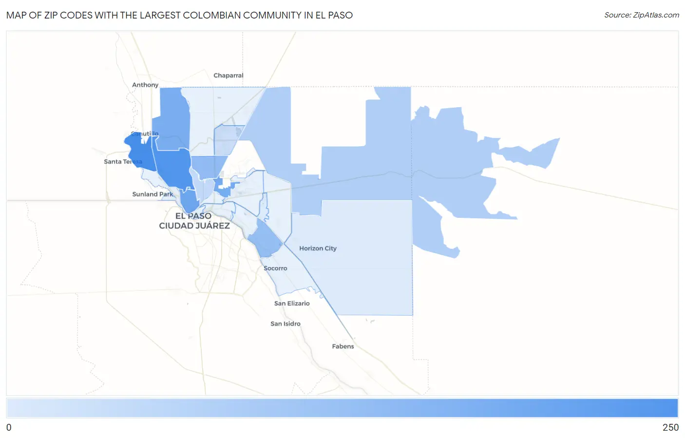 Zip Codes with the Largest Colombian Community in El Paso Map