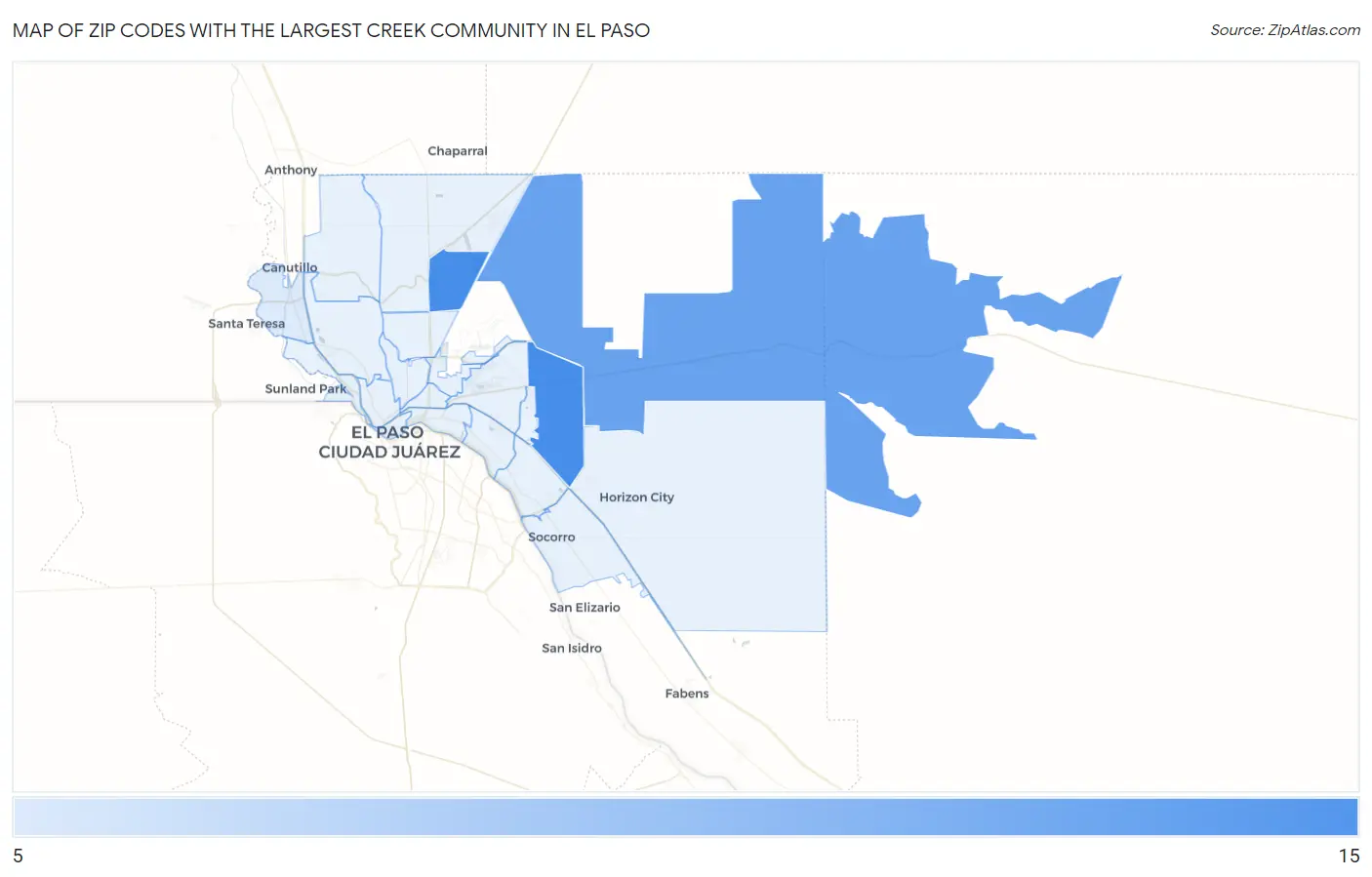 Zip Codes with the Largest Creek Community in El Paso Map