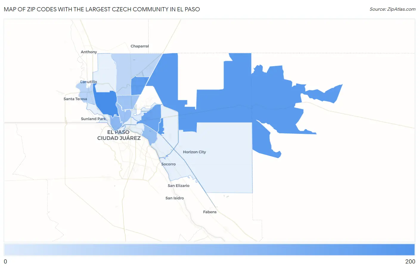 Zip Codes with the Largest Czech Community in El Paso Map
