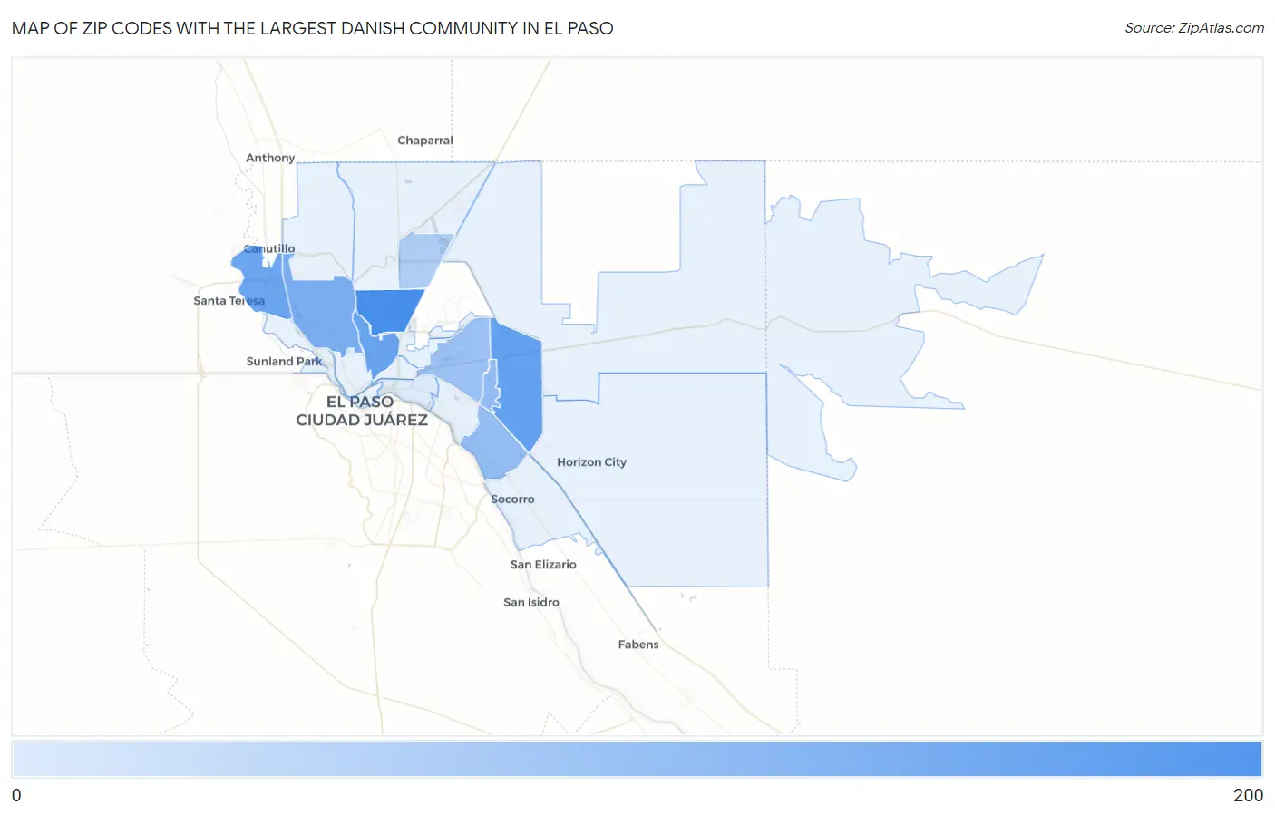 Zip Codes with the Largest Danish Community in El Paso Map