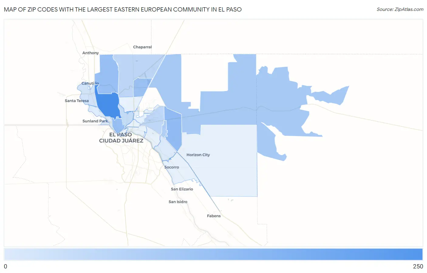 Zip Codes with the Largest Eastern European Community in El Paso Map
