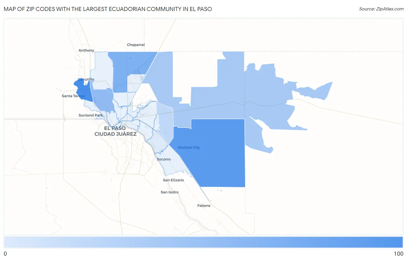 Zip Codes with the Largest Ecuadorian Community in El Paso Map